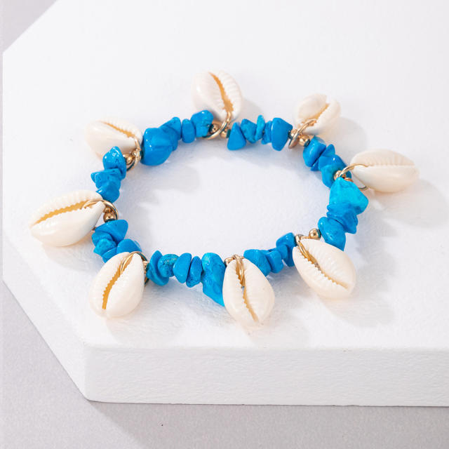 Boho blue color stone bead shell charm anklet