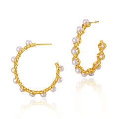 18K gold plated ABS pearl bead copper hoop earrings