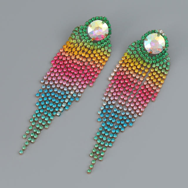 Luxury rainbod diamond tassel statement earrings