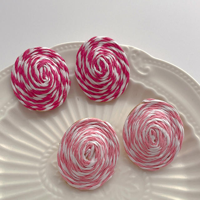 Boho pink rose color straw oval studs earrings