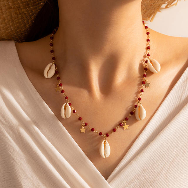 Boho wine red color crystal bead shell charm necklace