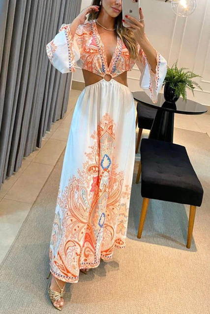 Summer fashion patterned hollow out waist maxi holiday dress