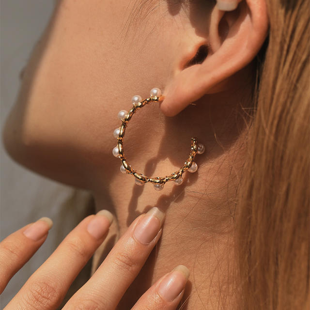 18K gold plated ABS pearl bead copper hoop earrings