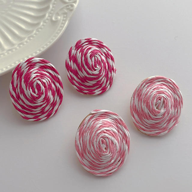 Boho pink rose color straw oval studs earrings