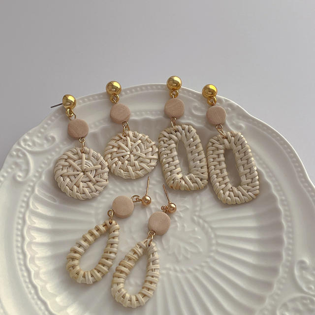 Boho handmade straw geometric dangle earrings