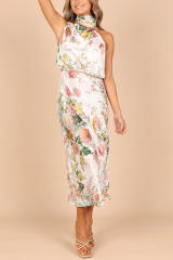 Elegant halter neck floral stain midi dress