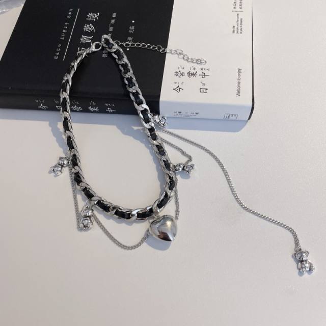 Y2K sweet cool silver heart charm PU leather braid choker