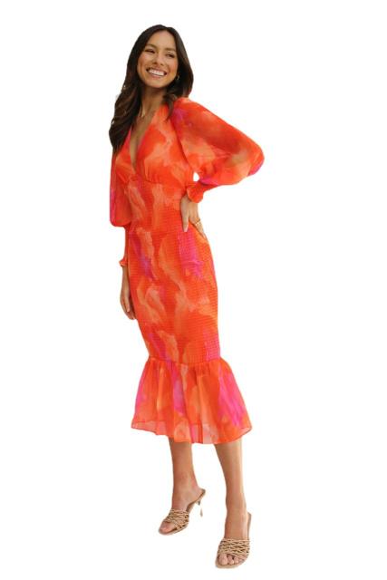 Sweet orange color ruffle bodycon dress