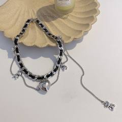 Y2K sweet cool silver heart charm PU leather braid choker