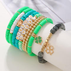 Boho green color clover charm clay beads elastic bracelet set