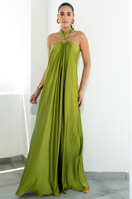 Elegant plain color stain halter neck maxi dress
