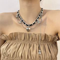 Y2K sweet cool silver heart charm PU leather braid choker