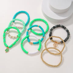 Boho green color clover charm clay beads elastic bracelet set