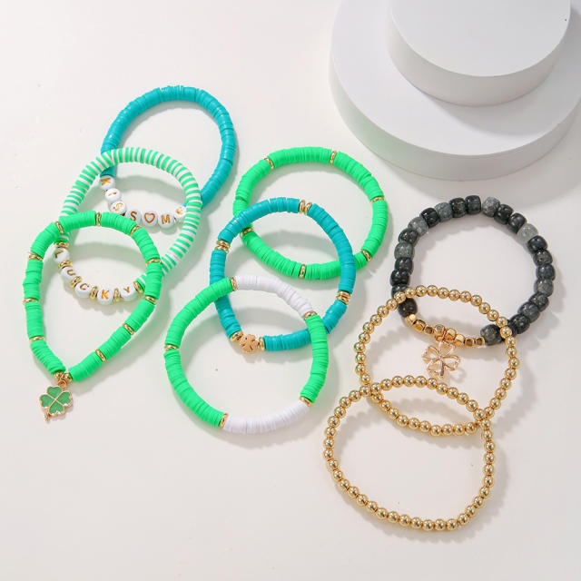 Boho green color clover charm clay beads elastic bracelet set