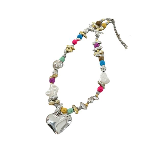 Y2K colorful bead chunky heart pendant necklace