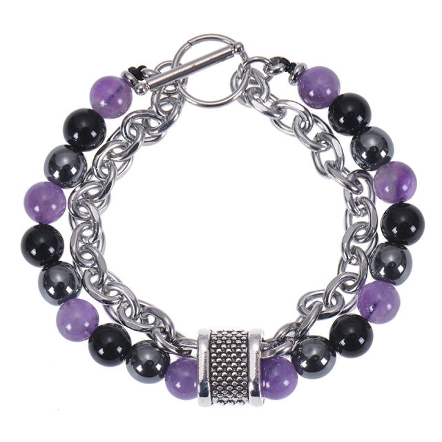 Occident fashion natural stone bead stainless steel chain bracelet for men