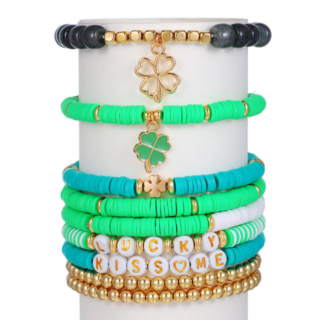 Boho green color clover charm clay beads elastic bracelet set