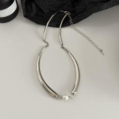 Simple silver pearl alloy choker necklace