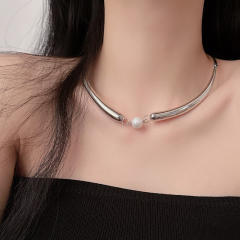 Simple silver pearl alloy choker necklace
