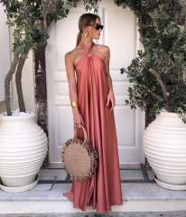Elegant plain color stain halter neck maxi dress
