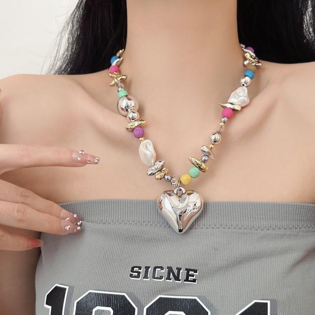 Y2K colorful bead chunky heart pendant necklace