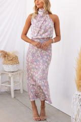 Elegant halter neck floral stain midi dress