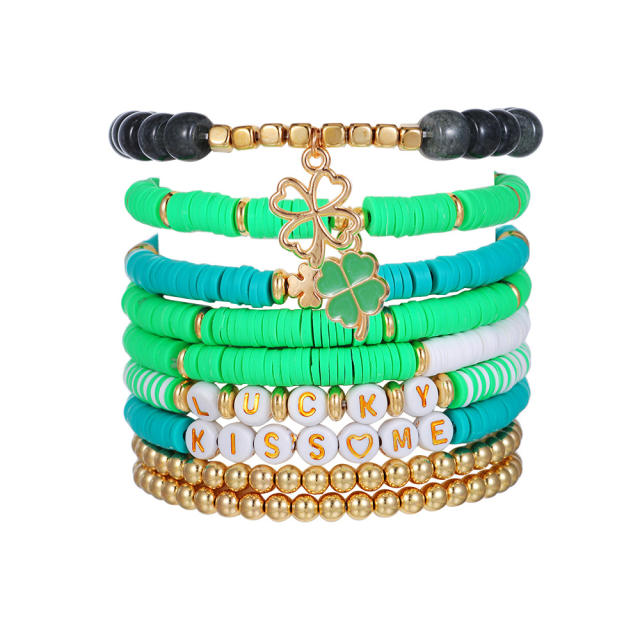 Boho green color clover charm clay beads elastic bracelet set