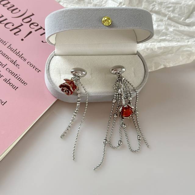 Rose flower chain tassel alloy asymmetrical earrings