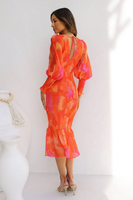Sweet orange color ruffle bodycon dress
