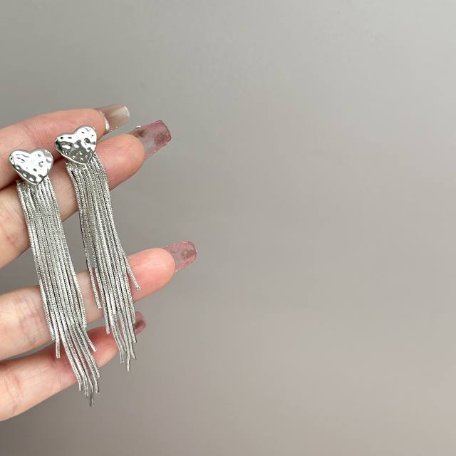Korean fashion silver heart chain tassel earrings