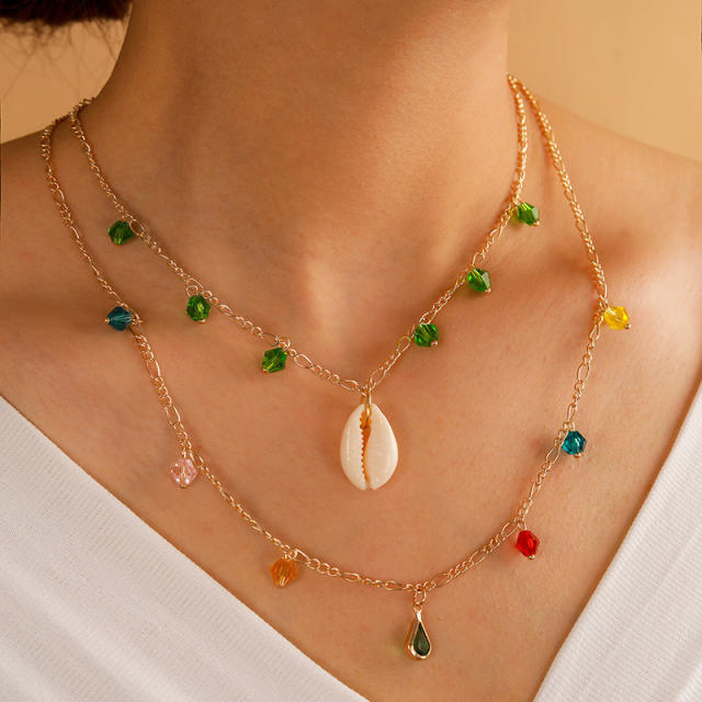 Boho colorful bead two layer alloy shell necklace