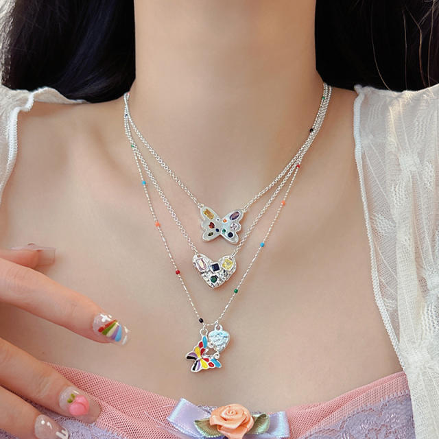 Color cubic zircon butterfly heart pendant dainty necklace
