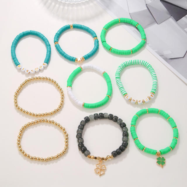 Boho green color clover charm clay beads elastic bracelet set