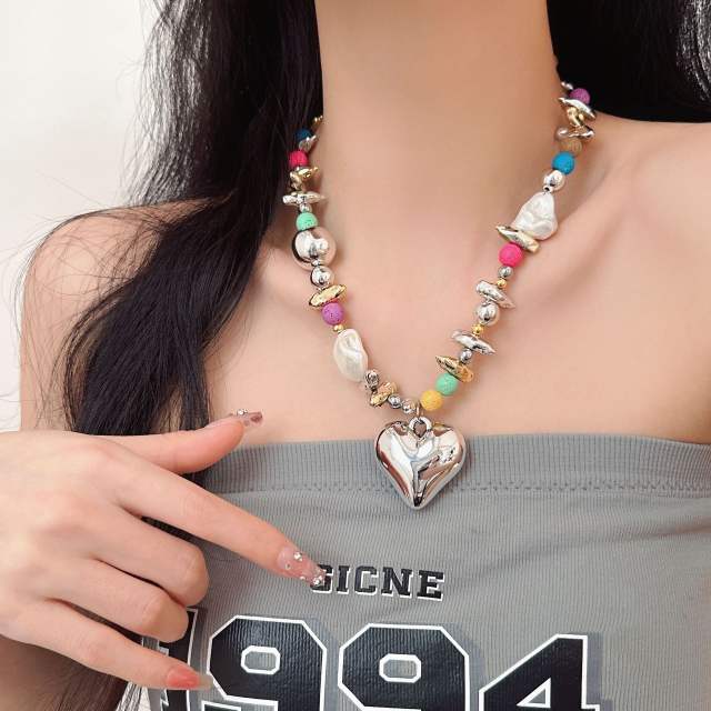 Y2K colorful bead chunky heart pendant necklace