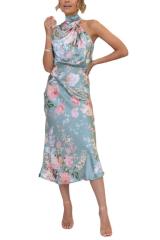 Elegant halter neck floral stain midi dress