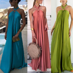 Elegant plain color stain halter neck maxi dress