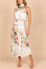 Elegant halter neck floral stain midi dress