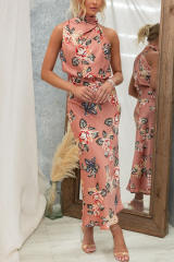 Elegant halter neck floral stain midi dress