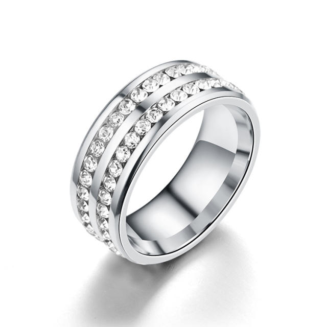 Delicate two line rhinestone stainless steel rings band