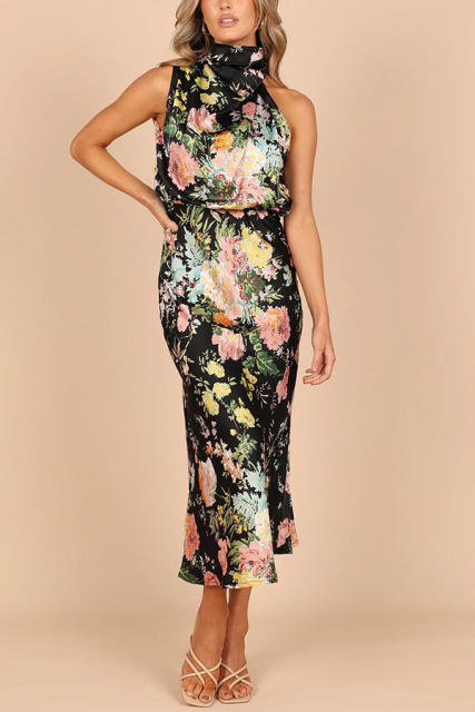 Elegant halter neck floral stain midi dress