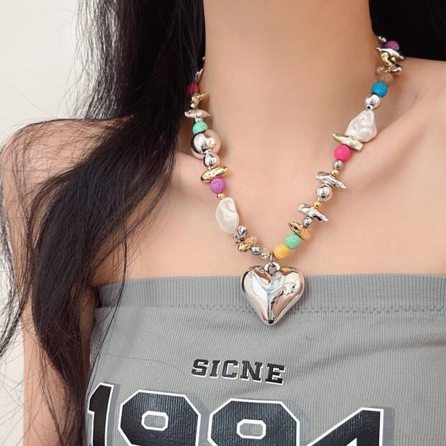 Y2K colorful bead chunky heart pendant necklace