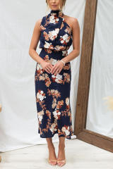 Elegant halter neck floral stain midi dress