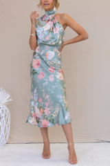 Elegant halter neck floral stain midi dress