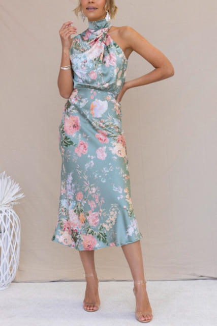 Elegant halter neck floral stain midi dress