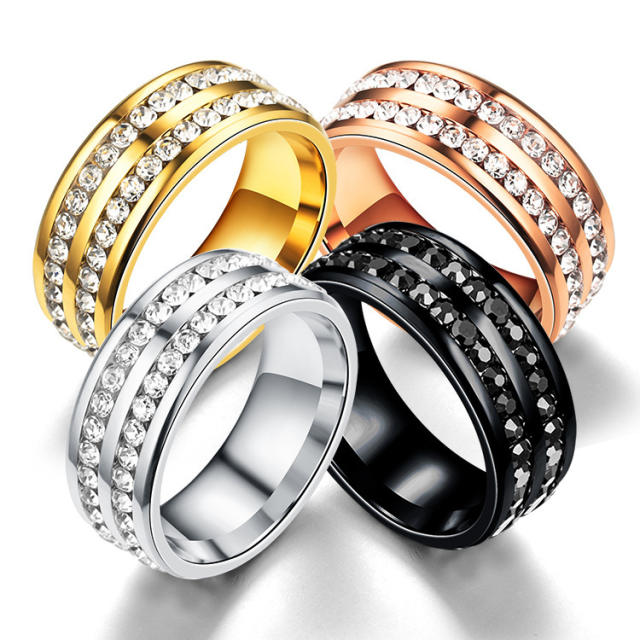Delicate two line rhinestone stainless steel rings band