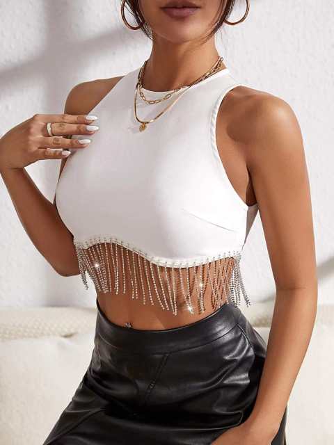 Y2K sexy rhinestone tassel plain color cropped tops