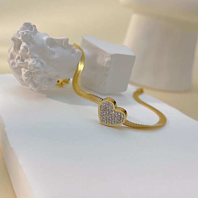 Elegant diamond heart stainless steel snake chain bracelet