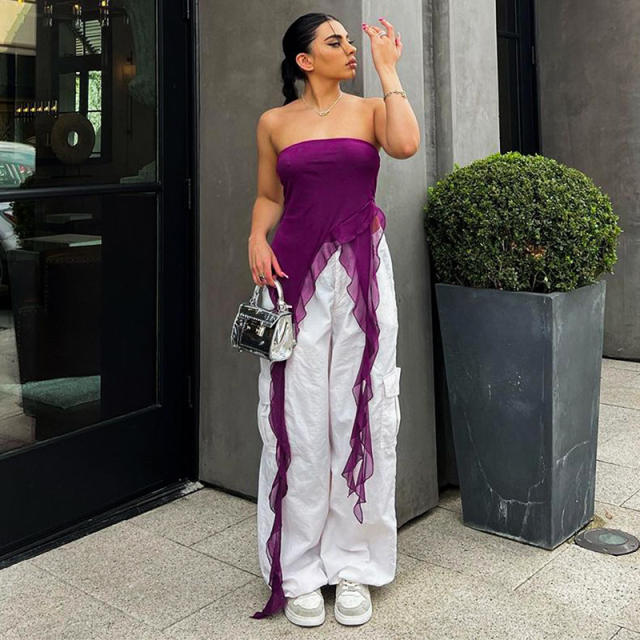 Sexy off shoulder purple color long ruffle tops