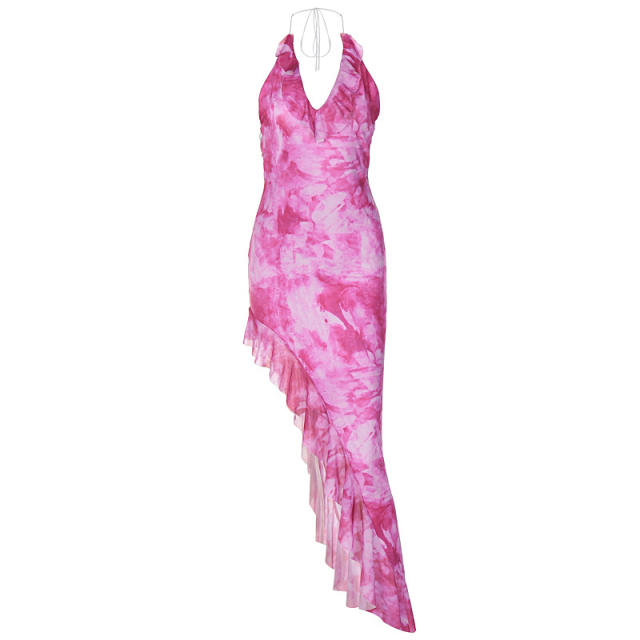 Sexy pink color flower pattern halter neck maxi dress