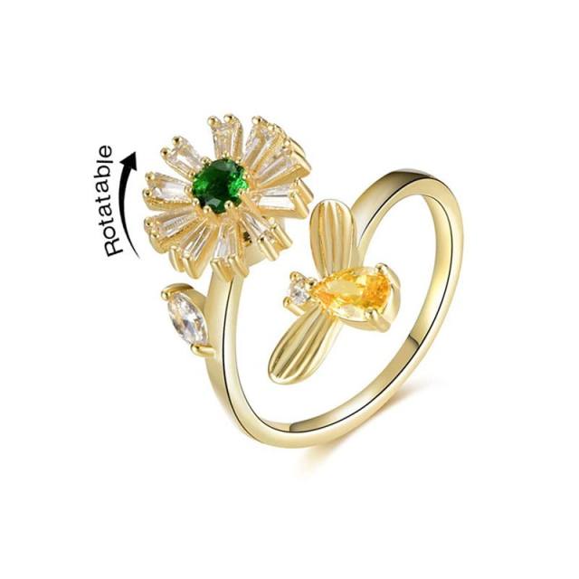 Tiktok hot sale diamond daisy flower copper rotatable fidget rings